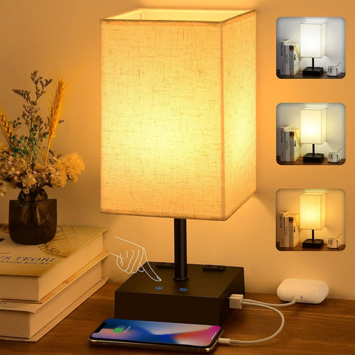 Bedside Lamp, Touch Control Small Lamp for Bedroom, Nightstand Lamp with Charging Station USB C + a Ports , 3 Way Dimmable for Home Living Room, LED Bulb Included, Upgraded Fabric Shade, Beige