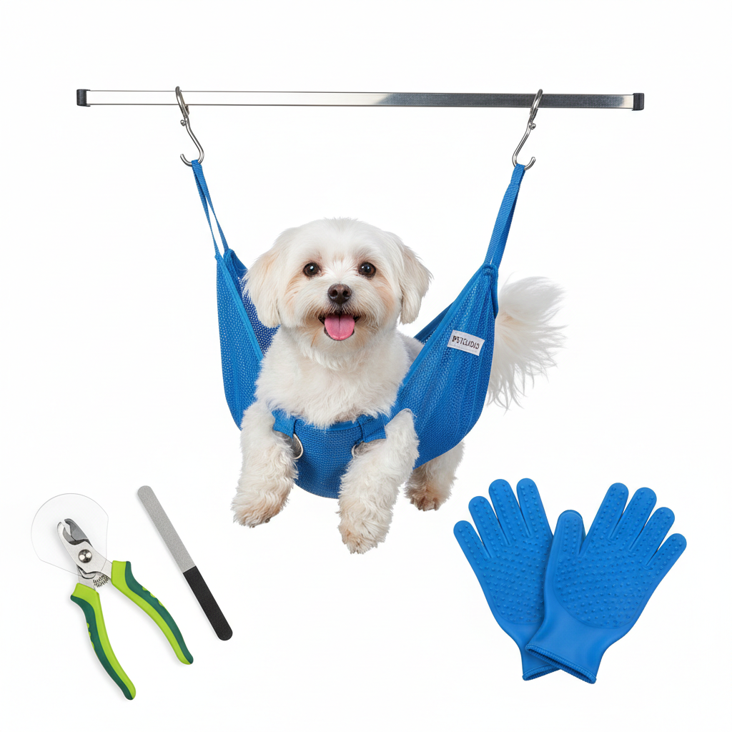 Pet grooming hammock sling kit with nail clippers and grooming gloves